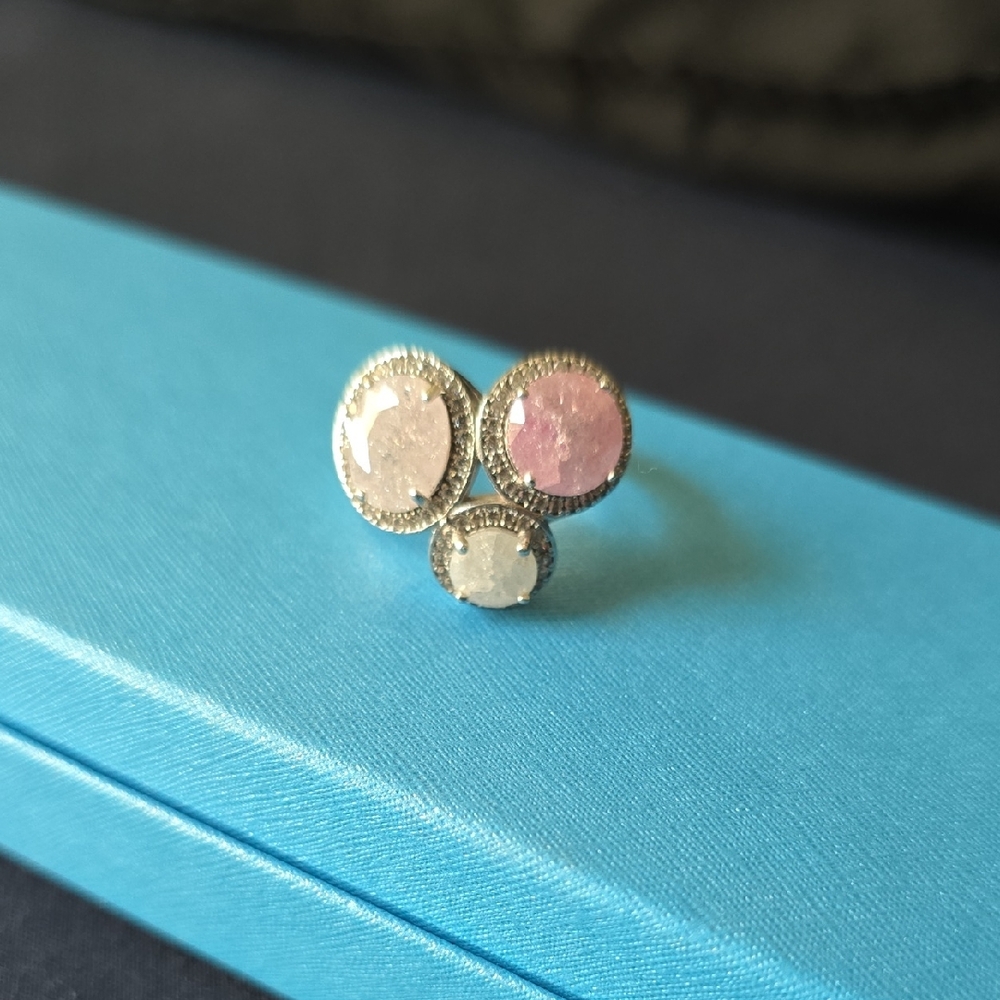 Silver and Pink Cluster Ring with Vintage Design, 925 Stamped. Gently Worn.
